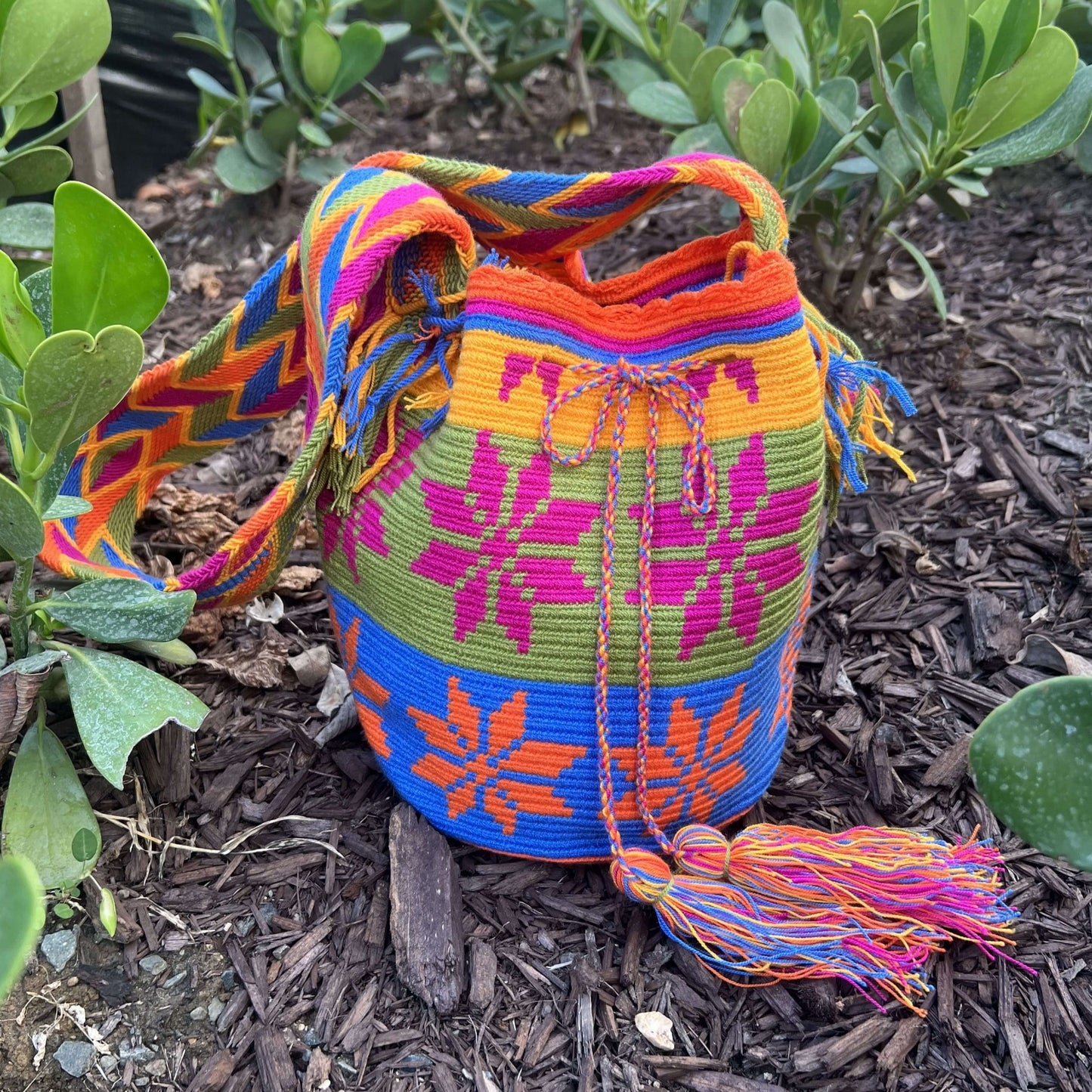 Jardín con Colorido Bolso Tejido por Indígenas de la Tribu Wayúu en Colombia/Pololena & Co.